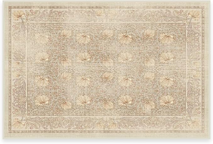 RUGGABLE x Morris & Co Washable Area Rug– Pimpernel Vintage Stone 2x3, Stain-Resistant, Non-Slip – Small Machine Washable Rugs for Living Room, Bedroom, Hallway, Entryway & Bathroom–with Standard Pad