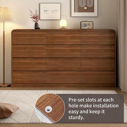 8 Drawer Dresser For Bedroom 55 Inch Wood Chest of Drawers - Curved Anti Collision, Mid Century Dresser For Closet with Natural Texture & Pre-Embedded Slots for TV Stand, Living Room, Nursery