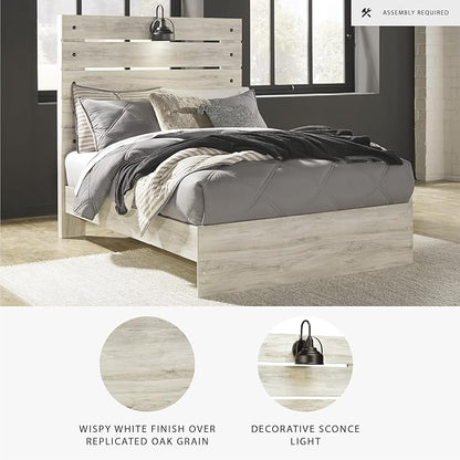 Signature Design by Ashley Cambeck Farmhouse Full Panel Bed with Sconce Light and USB Ports, Foundation or Box Spring Needed, Whitewash
