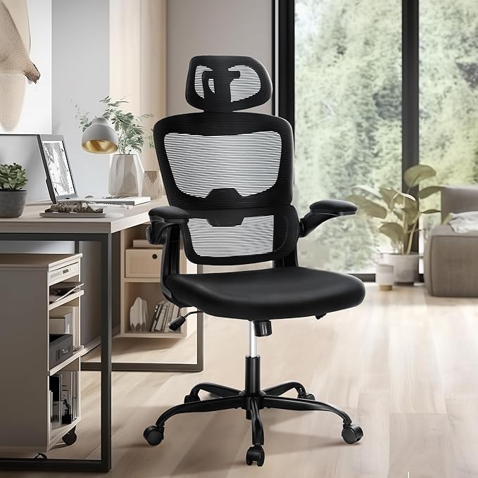 MAISON ARTS Ergonomic Office Chair, Breathable Mesh Computer Chair with Lumbar Support and Flip up Armrests, Black High Back Office Chair Executive Desk Chair with Wheels for Home Office