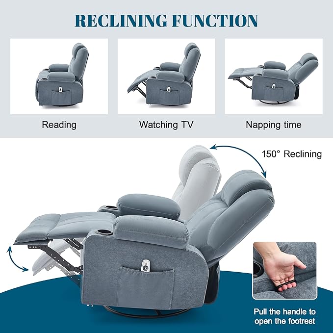 Oversized Swivel Rocker Recliner Chair with Heat and Massage, Large Big Recliner Chair for Living Room, 360 Degree Swivel Rocking Single Sofa with Cup Holders and USB Port(Fabric, Blue)
