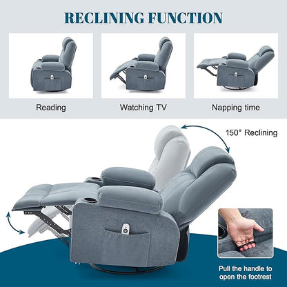 Oversized Swivel Rocker Recliner Chair with Heat and Massage, Large Big Recliner Chair for Living Room, 360 Degree Swivel Rocking Single Sofa with Cup Holders and USB Port(Fabric, Blue)