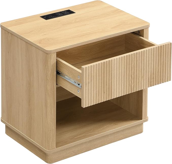 Christopher Knight Home Kyla Set of 2 Nightstand with Charging Station, Wooden Bedside Table/End Table with Outlet & USB Port for Bedroom/Living Room, Multipurpose Storage Cabinet with Drawer, Natural