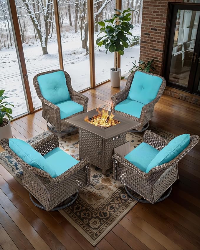 Patio Chairs Outdoor Swivel Glider - Set of 4 High Back Outside Brown Wicker Rattan Rocking Chair with Thick Cushion for Porch Apartment Deck Yard Poolside Garden - Turqoise