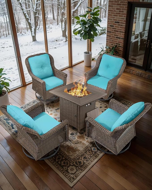 Patio Chairs Outdoor Swivel Glider - Set of 4 High Back Outside Brown Wicker Rattan Rocking Chair with Thick Cushion for Porch Apartment Deck Yard Poolside Garden - Turqoise