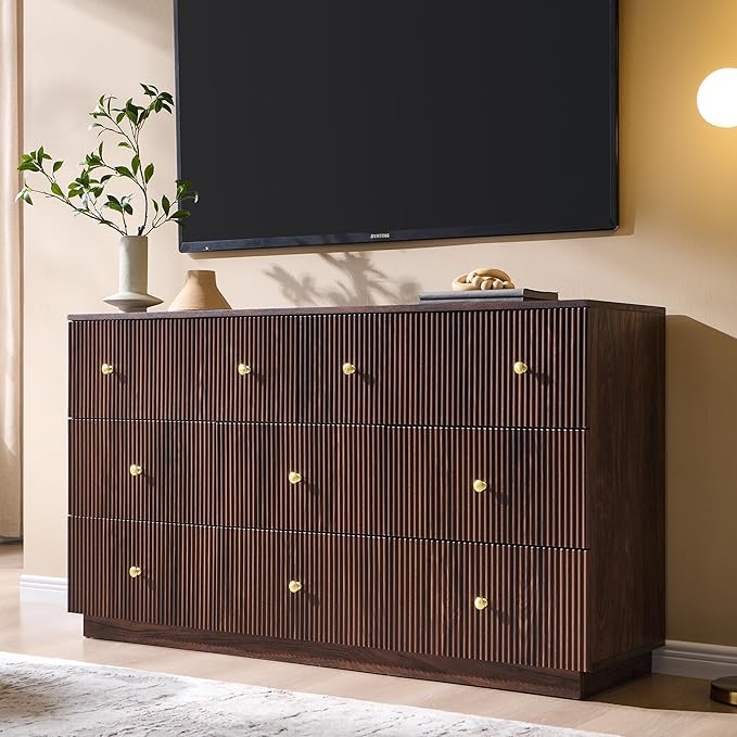 Fluted Dresser for Bedroom, 55" W 8 Drawer Dressers, Wood Tall Dresser Storage Organizer, Modern Bedroom Chest of Drawer with Deep Storage for Closet Hallway, Entryway, Living Room, Brown