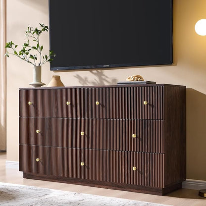Fluted Dresser for Bedroom, 55" W 8 Drawer Dressers, Wood Tall Dresser Storage Organizer, Modern Bedroom Chest of Drawer with Deep Storage for Closet Hallway, Entryway, Living Room, Brown