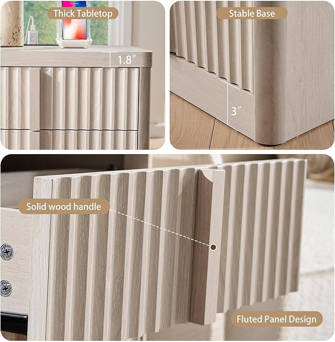 23.6" Nightstand with Charging Station, Side Table with 3 Large Storage Drawers, Mid Century Modern Night Stand with Solid Wood Handle, Bedside End Table for Bedroom, Living Room, Closet