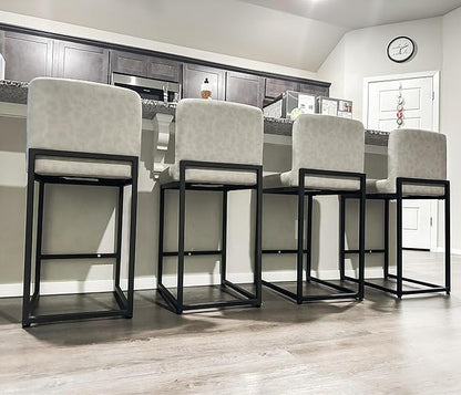 ALPHA HOME 24 Inch Bar Stools Set of 6, Kitchen Counter Stools with Backs, PU Leather Barstools, Kitchen Stools with Back&Upholstered Footrest, Sturdy Chromed Metal Steel Frame, Light Gray
