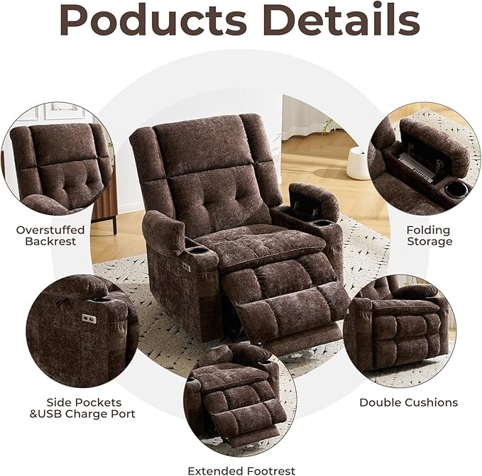 Oversized Power Recliner Chair for Elderly with Massage and Heat, Dual Motor Lay Flat Recliner with Arm Storage，Lift Chair for Big Tall, Infinite Position,Extended Footrest, Coffee