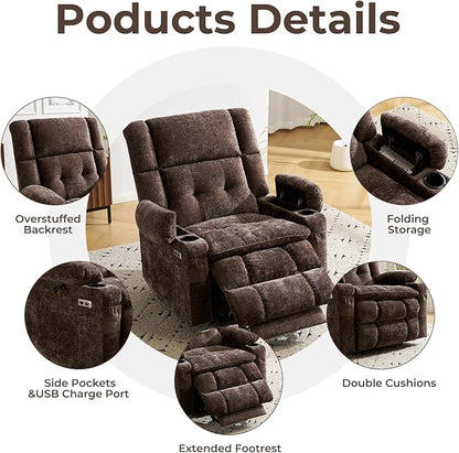 Oversized Power Recliner Chair for Elderly with Massage and Heat, Dual Motor Lay Flat Recliner with Arm Storage，Lift Chair for Big Tall, Infinite Position,Extended Footrest, Coffee