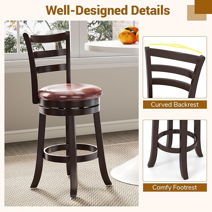 COSTWAY 26" Counter Height Stools Set of 4, Swivel High-Top Chairs with Backrest & Faux Leather Padded Seat, Rubber Wood Counter Barstools with Footrest for Kitchen, Dining Room, Pub (4,26'')