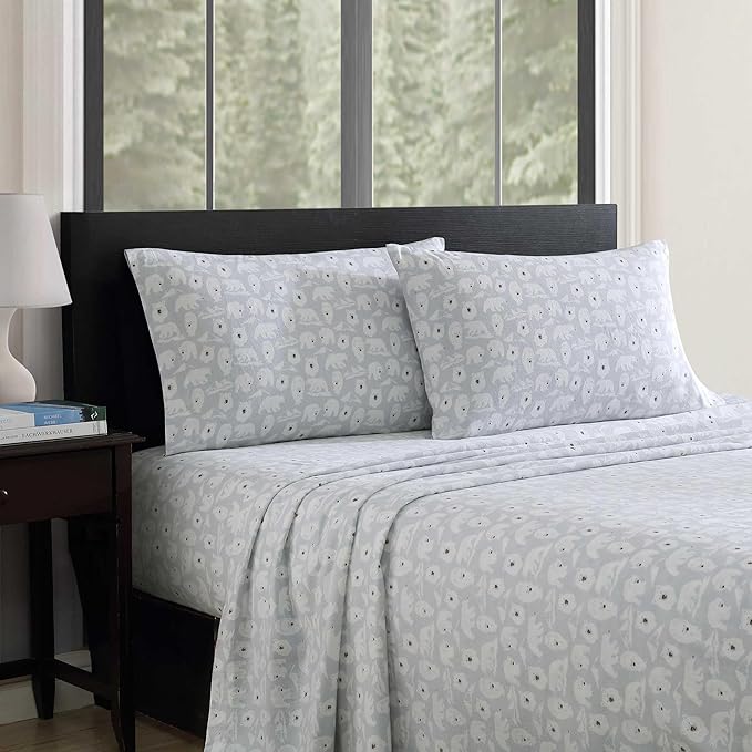 Eddie Bauer - Flannel Sheets Queen Size, Anti-Pilling & Wrinkle Resistant Cotton, Touchably Soft for All-Season Comfort - Bed Sheets with Matching Pillowcases & Fitted Sheet (Explorer Bears Grey)