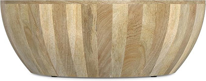 SIMPLIHOME Elmbrook Coffee Table - 34 inch Wide Solid Mango Wood Modern Industrial Round Drum Cocktail Table in Natural, Sculptural Living Room Table with Low Profile Design, Assembled