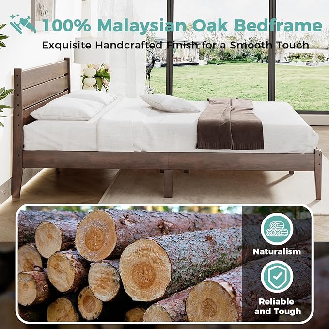 Twin Bed Frame with Ladder Headboard, Malaysian Oak Platform Bed, Modern Malaysian Oak Bed Frames with Wood Foundation, No Box Spring Needed, Easy Installation, Twin Size, Antique Espresso