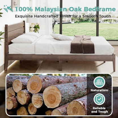 Twin Bed Frame with Ladder Headboard, Malaysian Oak Platform Bed, Modern Malaysian Oak Bed Frames with Wood Foundation, No Box Spring Needed, Easy Installation, Twin Size, Antique Espresso