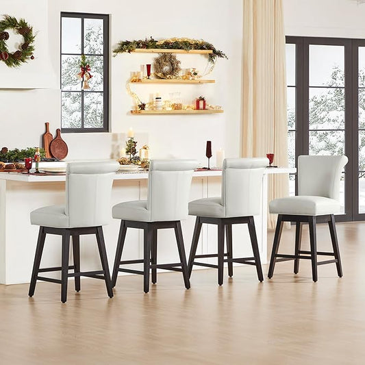 CHITA 26 Inch Counter Height Swivel Bar Stool, FSC Certified Modern Upholstered Faux Leather Swivel Barstool Chair with Back, Creamy Grey
