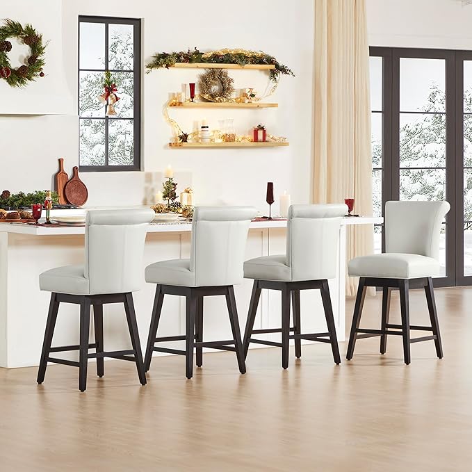 CHITA 26 Inch Counter Height Swivel Bar Stools Set of 4, FSC Certified Modern Upholstered Faux Leather Swivel Barstool Chair with Back, Creamy Grey