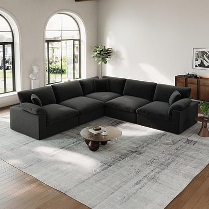 Cloud Modular Couch for Living Room,5 Seat V Shape Linen Blend Sofas,Modern Deep Seat Cloud Sofas,Convertible Comfort Down Filled Sectional Couches,Removable Washable Cushion Covers,Black