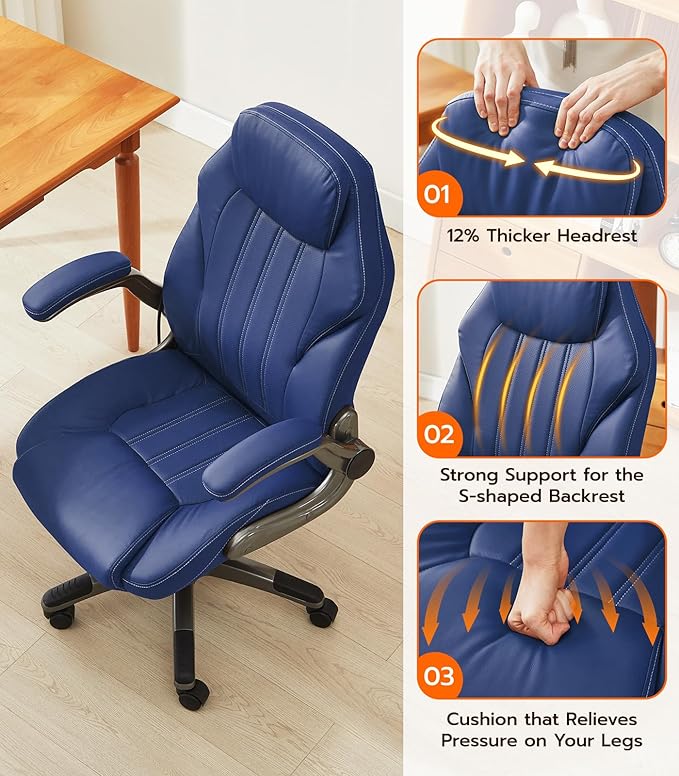 Office Desk Chair, Ergonomic Computer Chair with Padded Flip-Up Arms and Adjustable Lumbar Support, PU Leather Executive Chair with Tilt Lock and 360° Swivel Rolling Wheels for Work, Study