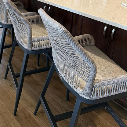 PURPLE LEAF 2 Pieces Bar Stools Patio Modern Rattan Barstools Aluminum Woven Tall Bar Chairs with Cushions for Outdoor Kitchen Island Garden