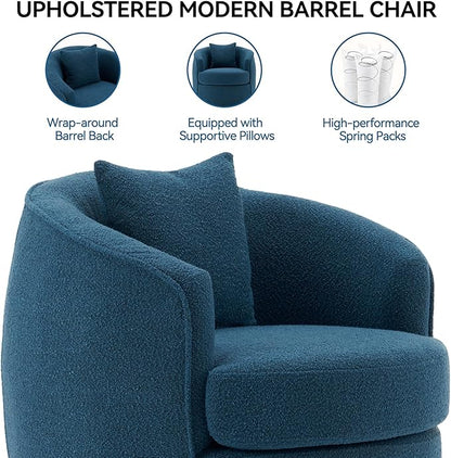 Swivel Accent Chair, Modern Upholstered Boucle Barrel Arm Chairs with Pillow for Living Room, 360 Degree Round Swivel Sherpa Armchair with Round Base for Bedroom Club (1, Dark Blue)