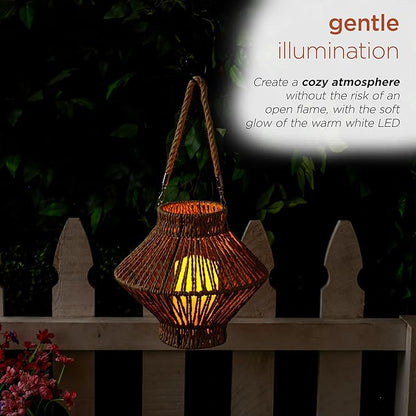 Alpine Corporation LAN420HH-BG-TM Hanging Woven Lantern with LED Candle and Timer, Boho Home Decor, 9" H, Beige