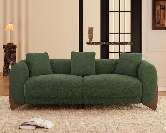 Morden Fort Modern Cloud Couch - 3 Seater Sherpa Boucle Sofa with Wood Legs, Ultra-Thick High Resilience Cushion with 3 Matching Pillows Upholstered Comfy Couch Sofa for Living Room - Forest Green
