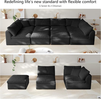 Boneless Cloud Couch Modular Sectional Sofa with Deep Seat for Living Room, L Shape Couch with Ottoman, Snowflake Cloth and 40D Memory Sponge，2 Throw Pillows (Black, 6 Seater+2 Ottoman)