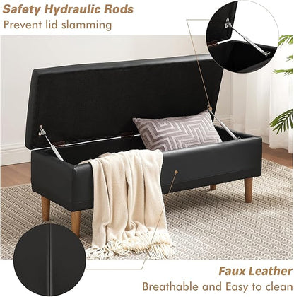 VECELO 44.5" Black Ottoman with Storage, Faux Leather Storage Ottoman Bench with Safety Hinge & Solid Wood Legs, Large Bench for Living Room, Entryway, Holds up to 330 lb