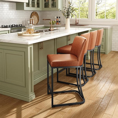 MAISON ARTS Counter Height Bar Stools with Back Set of 3 for Kitchen Counter, 24 Inch Modern Upholstered Faux Leather Barstools Farmhouse Bar Chairs Luxury Island Stools Support 330LBS, Brown