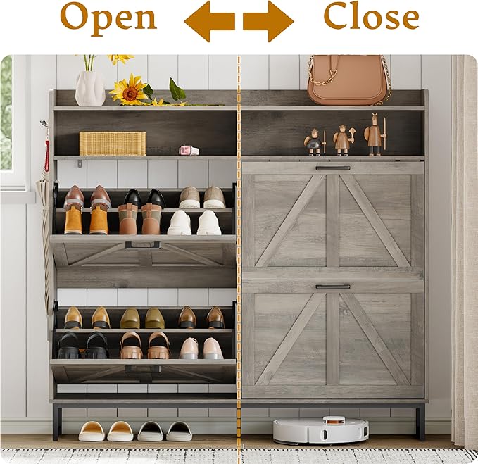 Shoe Cabinet Storage for Entryway, Shoe Storage Cabinet with 4 Flip Drawers, Freestanding Narrow Shoe Rack Organizer with Metal Legs, Adjustable Shelves & Open Storage for Foyer, Hallway, Grey