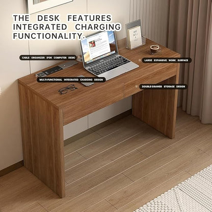 Executive Desk with Drawers, Computer Desk with Drawers with Pre-Embedded Slots, 47 inch Modern Walnut Home Office Desk with Charging Station for Study, Living Room, Bedroom