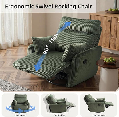 Swivel Recliner Chair for Adults, Corduroy Nursery Glider Rocking Chair, Armchair with 2 Pillows, Comfy High Back Reclining for Small Spaces, Nursery Bedroom Living Room (Corduroy Green, 1 Pack)