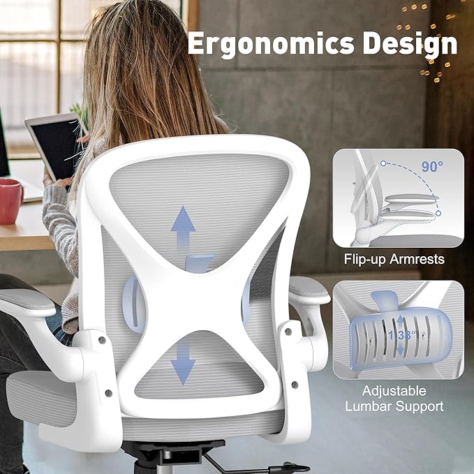 ZZH Ergonomic Office Chair with Adjustable Lumbar Support, Mesh Home Office Desk Chair with Wheels and Flip-up Arms, Grey