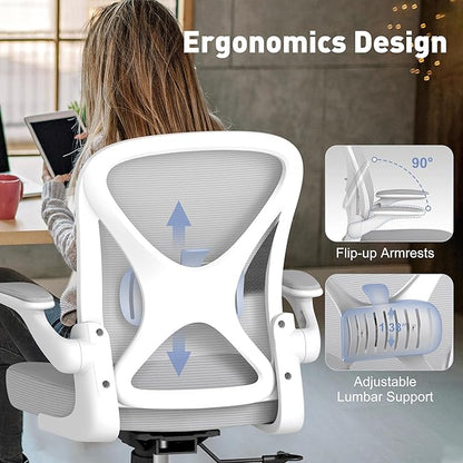 ZZH Ergonomic Office Chair with Adjustable Lumbar Support, Mesh Home Office Desk Chair with Wheels and Flip-up Arms, Grey