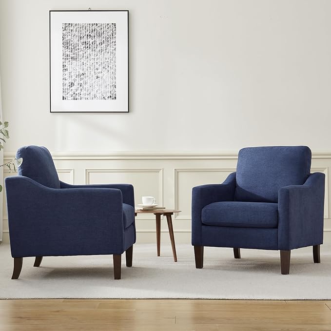 VKNOW Mid Century Modern Accent Chairs Set of 2, Upholstered Living Room Chairs Armchair for Bedroom, Comfy Reading Accent Chairs with Wood Legs for Living Room, Navy Blue