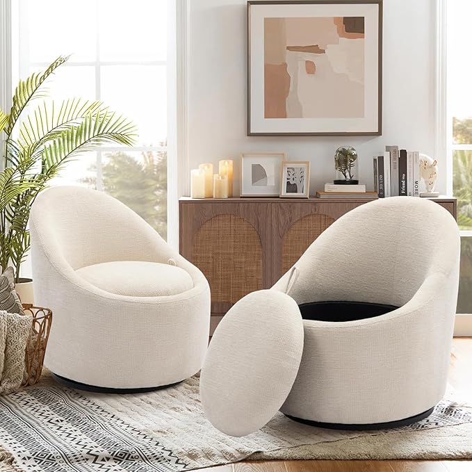 360° Swivel Accent Chair Set of 2, Mid-Century Modern Chair with Hidden Storge, Small Swivel Chair with Arms for Living Room/Office - Beige