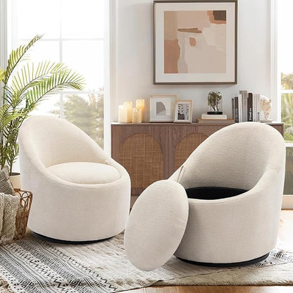 360° Swivel Accent Chair Set of 2, Mid-Century Modern Chair with Hidden Storge, Small Swivel Chair with Arms for Living Room/Office - Beige