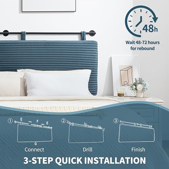 UEV Queen Headboard Only, Wall Mounted Hanging Upholstered Bed Head Board, Modern Vertical Channel Design of Fine Flannel, Elegant Blue Fluted Headboard for Bedroom (Lake Blue, Queen Size)