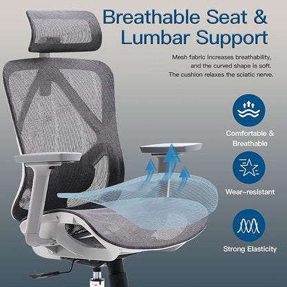 Ergonomic Office Chair with Lumbar Support, 3D Adjustable Armrest, Mesh Home Office Desk Chairs, Swivel Computer Chair, High Back Reclining Executive Office Chair,400lbs Capacity (Grey)