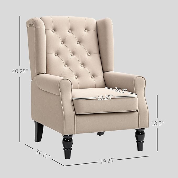 HOMCOM Mid-Century Modern Accent Chair, High Wingback Chair, Button-Tufted Upholstered Fabric Armchair with Retro Wood Legs for Living Room, Bedroom, Beige