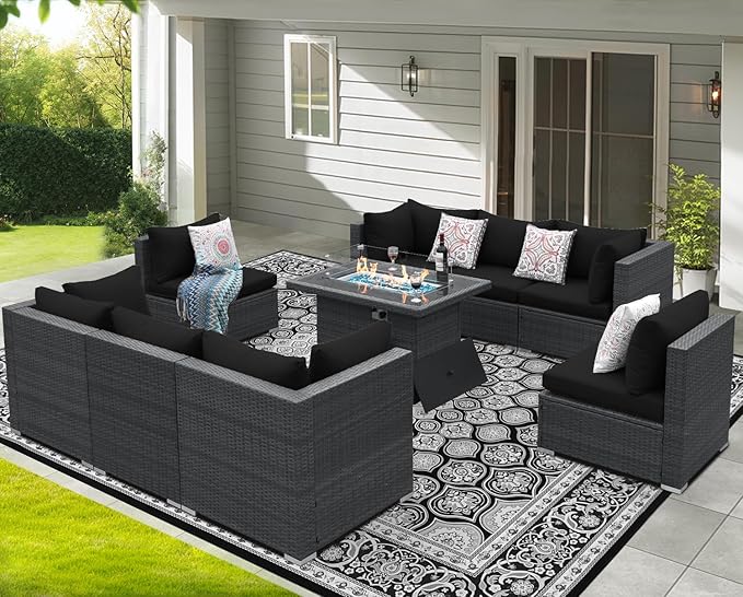 NICESOUL 9 Piece Outdoor Patio Sectional Furniture Set with Firepit Table Natural Gas/Propane, 29.3 High Back Comfy Conversations for Outside, 8 Seats Large Rattan Couch, 2 Color Cushion Black &Grey