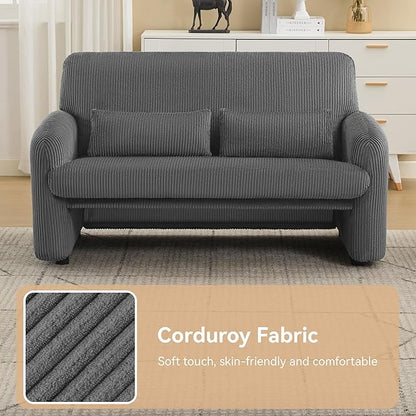 56'' Corduroy Loveseat Sofa, 2 Seater Love Seat Couch for Small Space, Comfy Upholstered Modern Leisure Loveseat Couches with Lumbar Pillows for Bedroom, Office, Living Room, Grey