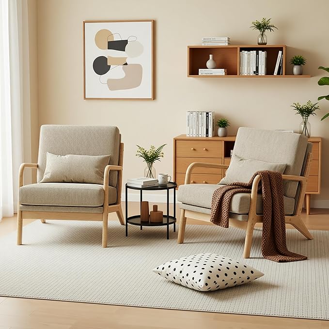 Claiks Mid-Century Modern Accent Chair, Living Room Armchair with Solid Wood Frame & Lumbar Pillow, Comfy Upholstered Lounge Chair for Bedroom, Office, Corduroy, Khaki