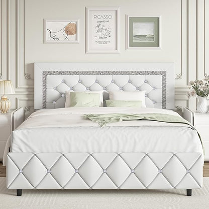 BarnFurin Full Size Bed Frame, Upholstered Platform Bed with Button Tufted Headboard, Princess Platform Bed with Diamond Design, Wooden Slats Support, No Box Spring Required, Easy Assembly, White