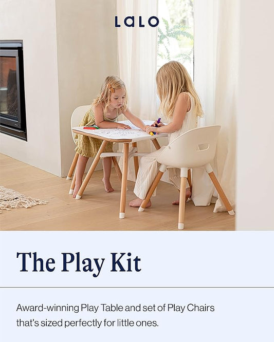 Lalo The Play Kit - Kids Table & Chairs Set with Sustainably Sourced Wood Table & 2 Non-Toxic Bucket Seat Chairs - Safe & Comfortable - Natural/Grapefruit