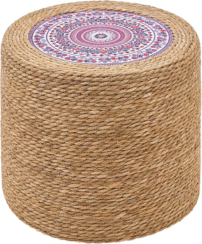 Wimarsbon 18'' Ottoman Pouf, Natural Braided Poof, Rustic Handweave Lounge Pouffe, Boho Footrest Stool for Bedroom, Accent Table for Living Room (18inch Natural Cattail-Boho Style 4)