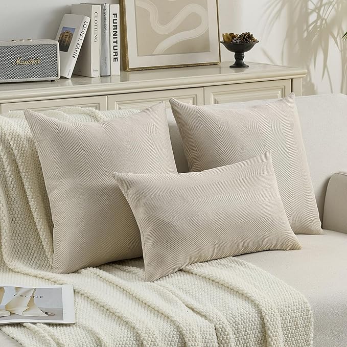 FUTEI Beige Chenille Throw Pillow Covers 18x18 Inch Set of 2,Soft Wide Chevron Textured Cushion Case,Farmhouse Home Decor for Couch Bed Living Room