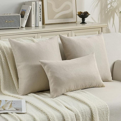 FUTEI Beige Chenille Throw Pillow Covers 22x22 Inch Set of 2,Soft Wide Chevron Textured Cushion Case,Farmhouse Home Decor for Couch Bed Living Room